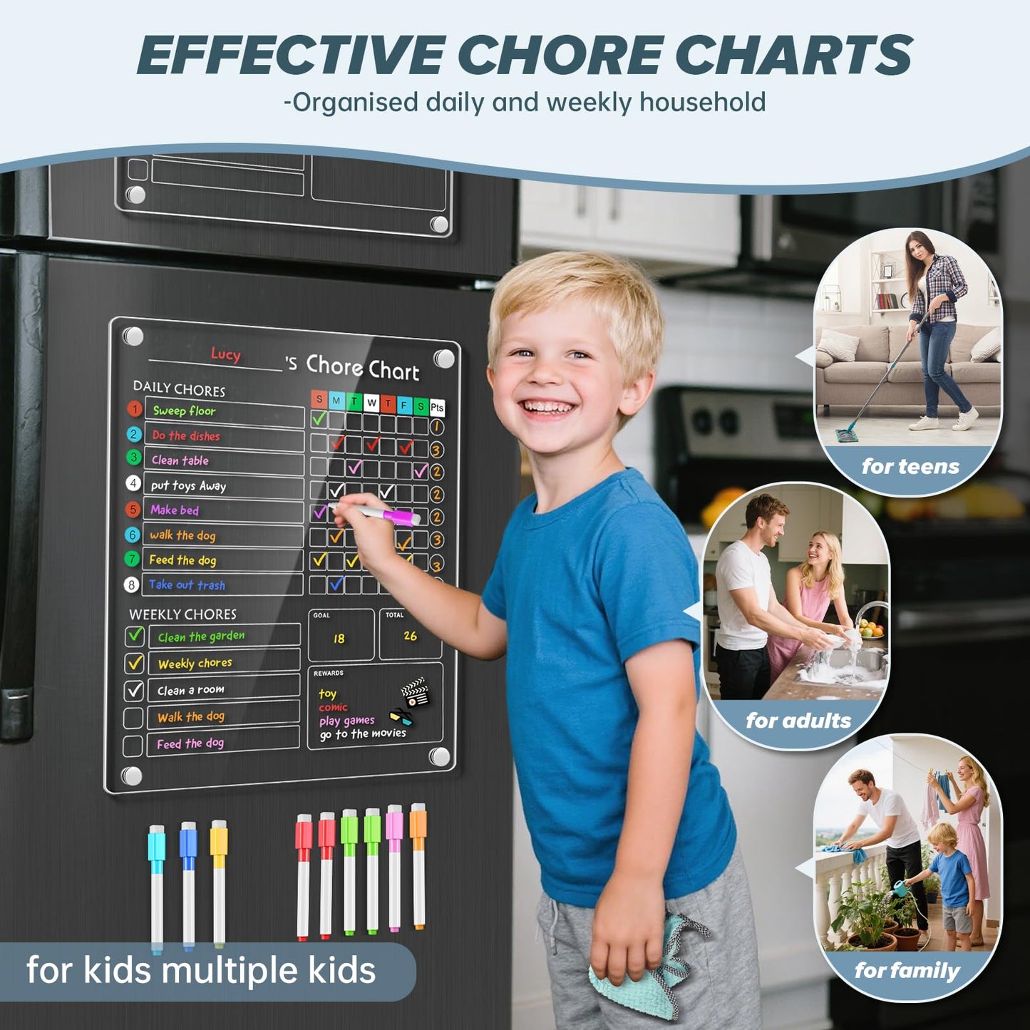 KMRTEQAR Acrylic Magnetic Chore Chart for Kids/Teens/Adults, 9.5"x12", Reusable Chore Checklist & Responsibility Tracker (1 Pack)