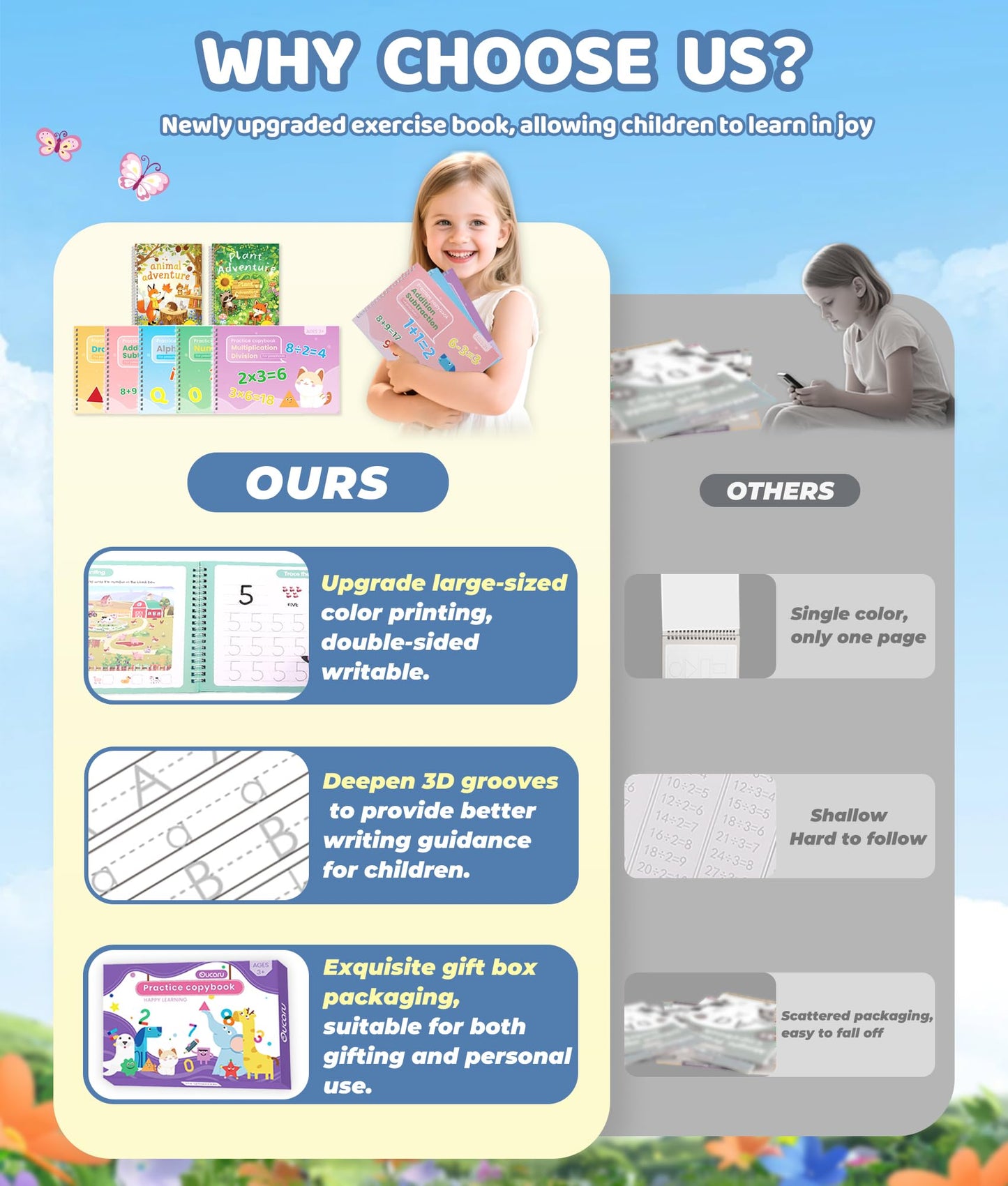 NaTuGi Magic Grooved Writing Practice Books For Kids，Reusable Letters And Numbers Grooved Handwriting Workbooks，Suitable For Ages 3-5 And 6-8 Preschool Kindergarten Children Learning activities
