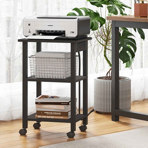 TUTOTAK 3 Tier Printer Stand, Rolling Printer Cart with Power Outlets and USB Ports, Mobile Printer Table with Wheels, for Under Desk, Office, Home, Greige PS02BK001