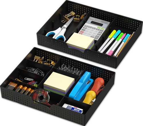 Simple Houseware Drawer Organizer Tray with 9 Adjustable Compartments, 2 Packs, Black