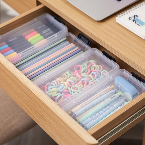 Bienvoun 6Pack Clear Pencil Box Plastic Storage Containers with Latching Lids Stackable Office Supplies Organizer for Gel Pens Erasers Crafts Markers Crayon