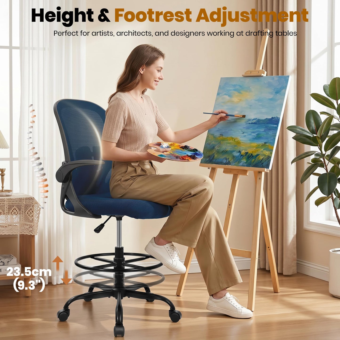 Primy Drafting Chair Tall Office Chair with Flip-up Armrests Executive Ergonomic Computer Standing Desk Chair with Lumbar Support and Adjustable Footrest Ring (Navy)