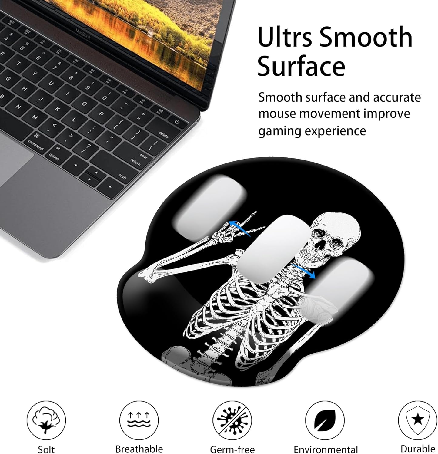 Skiennix Ergonomic Mouse Pad - Comfortable Wrist Support with Non-Slip Base | Black Human Skeleton Skull Design