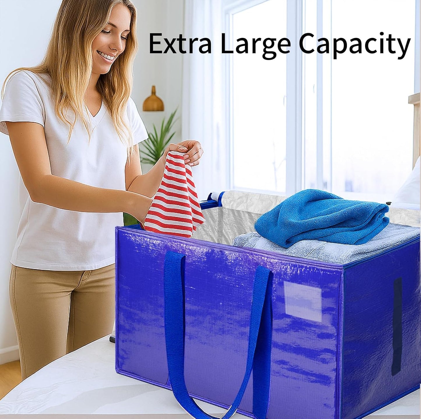Skiennix Extra Large Heavy Duty Moving Bags - Waterproof Storage Totes with Handles & Zippers | 12 Pack (Blue)
