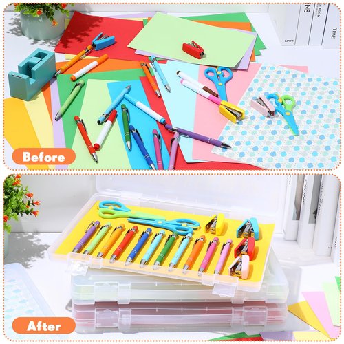 Wesiti 4 Pcs Scrapbook Paper Storage Box Clear Plastic Storage Boxes with Snap 14.17 x 10.63 x 1.77 Inches Art Project Case Craft Organizer File Document Holder Photo Magazine Letter Containers