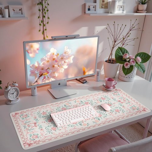 iCasso Pink Desk Mat for Desktop,Cute Desk Pad for Women,Girly Bow Mouse Pad with Stitched Edges,Non-Slip Large Computer Mat for Home Office Study Gaming