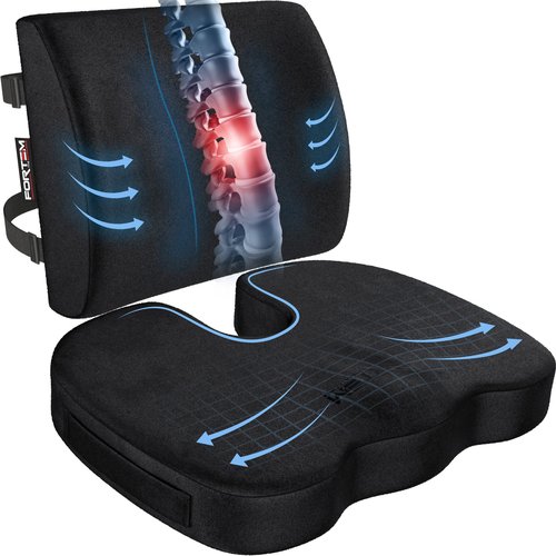FORTEM Office Chair Cushion and Back Support for Office Chair, Lumbar Support Pillow, Memory Foam, Non Slip Sitting and Back Rest for Gaming, Car Seat Cushion, Chair Pad