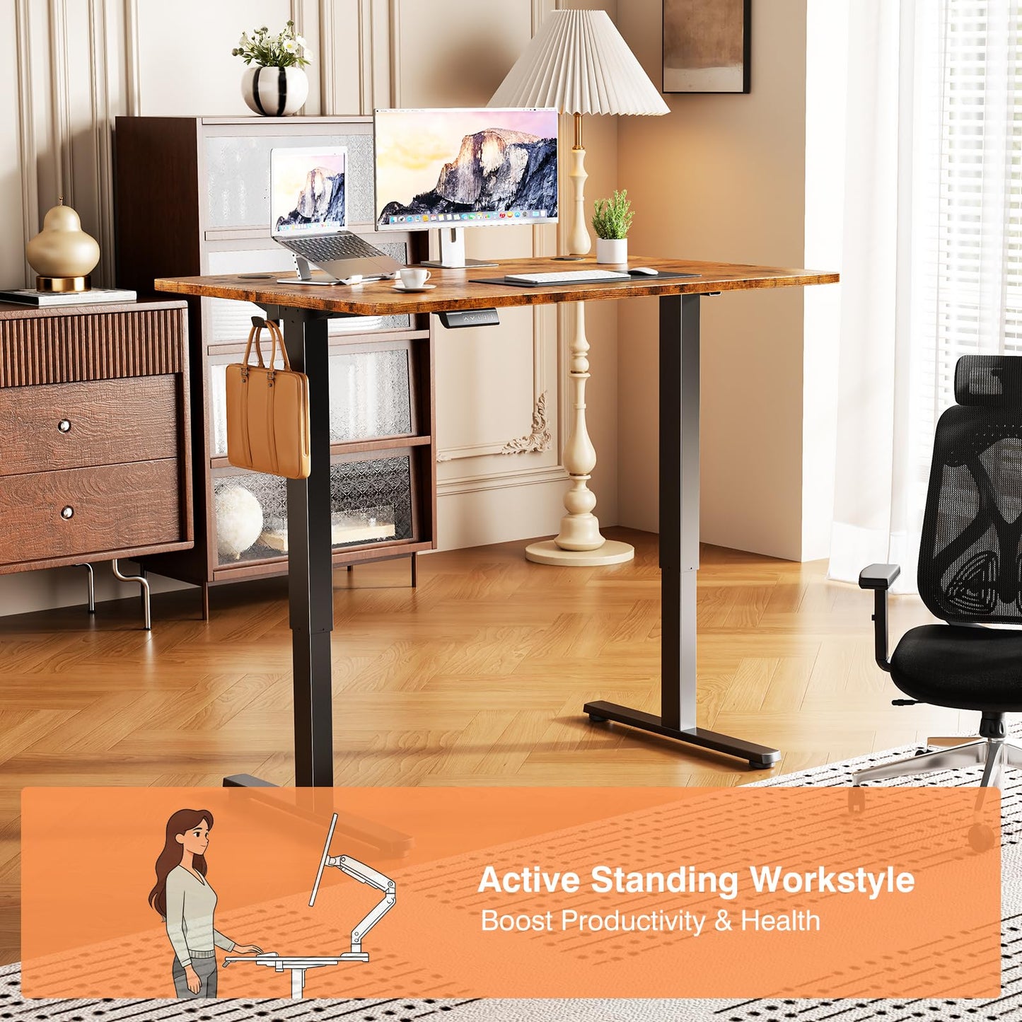 Sweetcrispy Electric Standing Desk Adjustable Height, 40x24 Inch Sit Stand Up Home Office Desks Computer Workstation PC Work Table with 3 Memory Preset Splice Wood Board Metal Frame, Rustic