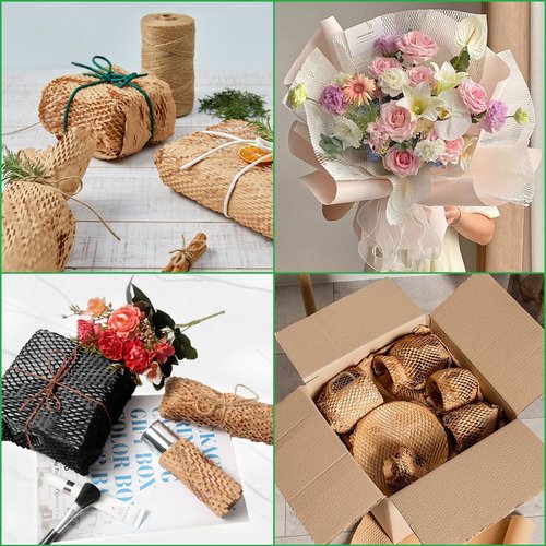 Honeycomb Packing Paper PINENUTS 15" x 131' Eco Friendly Packing Paper for Moving Recyclable Honeycomb Paper Bubble Paper Wrapping with 30 Fragile Sticker Labels and 66fthemp rope (White)