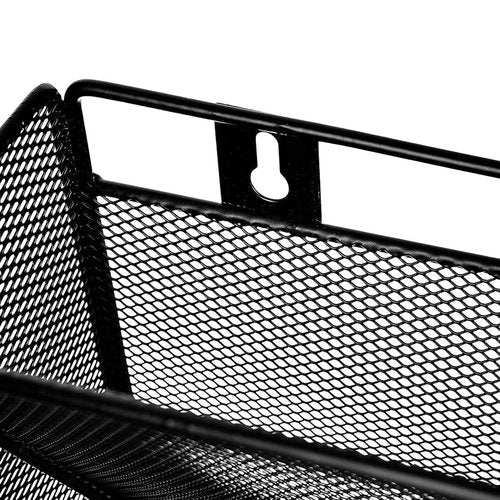 Flexzion Wall Hanging File Organizer Metal File Holder 10-Pocket Black Mesh Office Wall Organizer Magazine Rack Wall Mounted Hanging Paper Organizer with Key Hooks and Label Plates