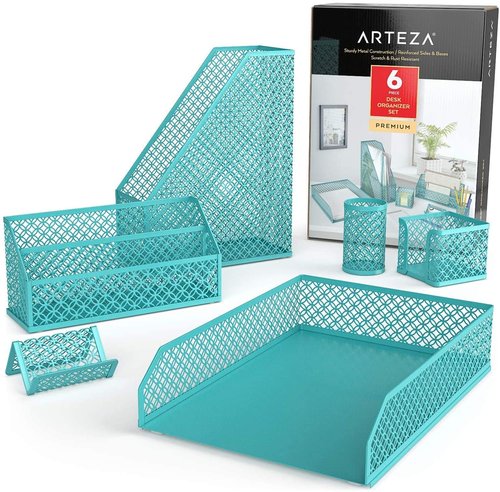 ARTEZA 6-Piece Teal Desk Accessories Set, Essential Desktop Organizer for Home Office, Includes Paper Organizer, Pencil Holder, Letter Sorter & More, Teal Office Supplies