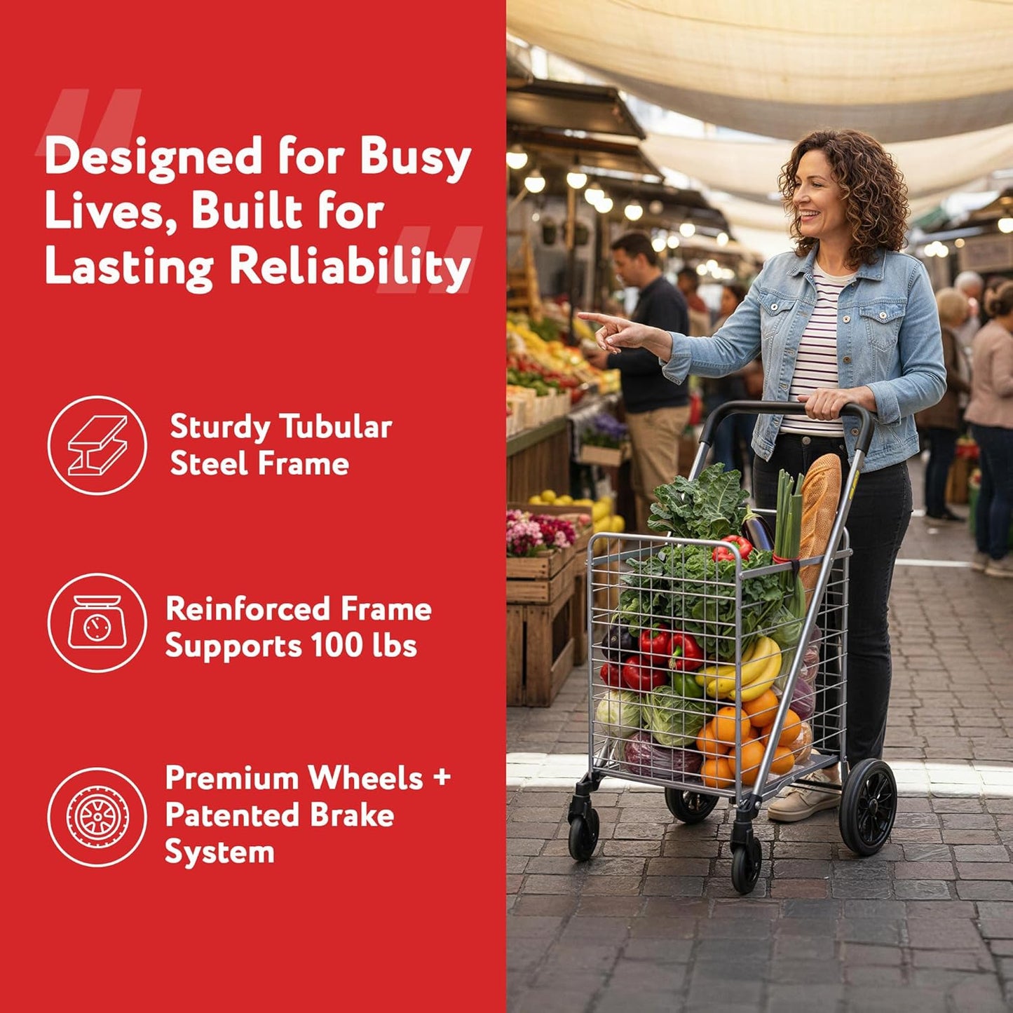 **dbest Products Cruiser Cart Deluxe - Heavy-Duty Foldable Shopping Cart with Wheels & Brake - 100 lbs Capacity, Silver Alloy Steel**