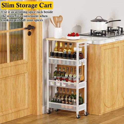 OKZEST Utility Slim Storage Cart, 4 Tier Small Rolling Kitchen Laundry Room Cart with Wood Top, Metal Narrow Bathroom Storage Cabinet Mobile Shelf Unit Organizer Trolley with Handle for Narrow Space