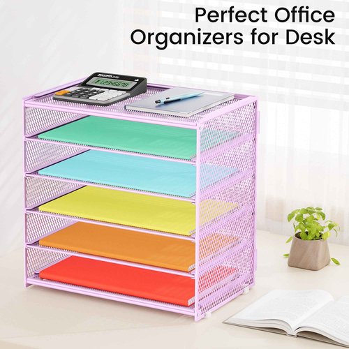 Biciyarn 2 Pack 6 Tier Paper Organizer, Metal Mesh Desk File Folder, Letter Tray Organizer, Paper Sorter Desk Organizers for Office, Home or School File Folder Holder - Purple