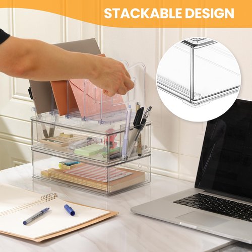 LALOBLUE Acrylic Desk Organizer Set, 2 Pack Stackable Drawer Organizer with 4 Vertical File Sorter and 2 Pen Holders, Desktop Storage for Files, Letter, Documents, Office Supplies, Desk Accessories