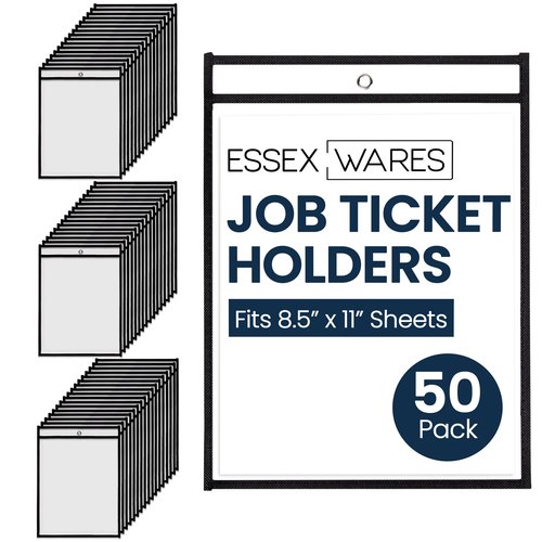 Essex Wares - 50 Pack, Black, Job Ticket Holders, 10" Wide x 13.5" Tall - Clear Plastic Shop Ticket Holders - Easy to Use, Reusable & Easy Erase Plastic Invoice Holders, Water-Resistant & Durable