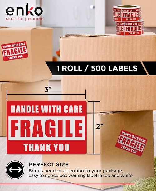 Enko Large Fragile Stickers - Handle With Care Warning Packing Labels | 3 x 5 Inch, 500 Labels