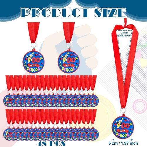 Poen 48 Pcs Happy 100 Days of School Award Medals 1.97'' Rubber 100th Day of School Medals for Awards for Kids with 29.5" Ribbon Classroom Supplies Themed Party