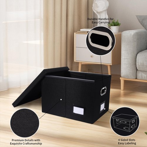 Tcbelosion Portable File Organizer Box with Lid, Office Document Storage with Multi-Label Slots, Fits Letter/Legal Size Files, Lightweight and Stackable (Black)