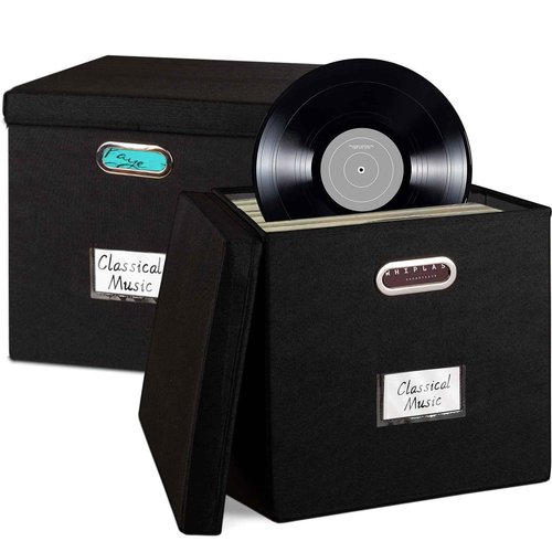 ComfortKeeper 2 Pack Vinyl Record Storage Box with Lid, Holds up to 50 LPs, 12.6"x12.6"x12.6" Durable 600D Polyester Organizer, Sturdy Handles & PVC Label Holder for 12" Records Collection, Black