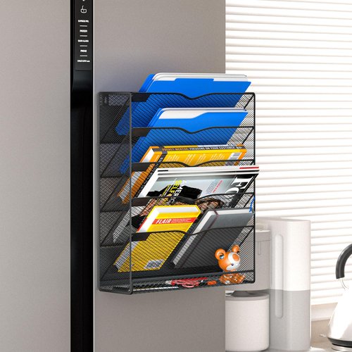 Mogbhw 6-Tier Magnetic File Holder, No Drilling Magnetic File Organizer Folder Holder, Black Hanging Magnetic Paper Holder for Refrigerator, Whiteboard, File Cabinets, Office, Kitchen (Black, 6-Tier)