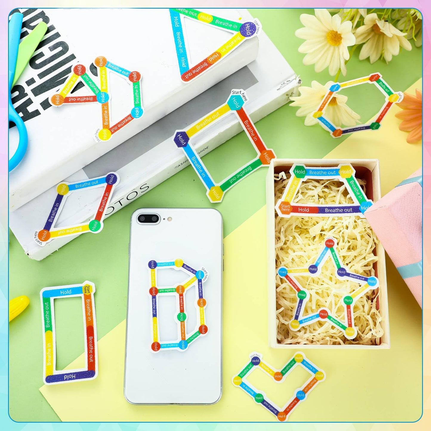 Crtiin 50 Pieces Anxiety Sensory Stickers for Anxiety Relief Calm Textured Mental Health Stickers Breathing Fidget Relief Strips for ADHD Teen Adult Office Classroom Desk Stress(Fresh Style)