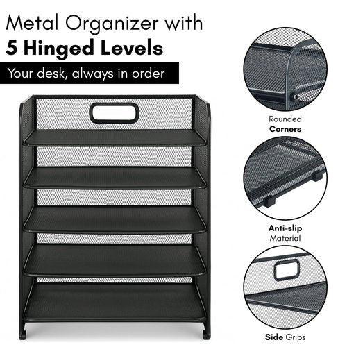 ALTOS OFFICE AND HOME, Metal Mesh Desk Organizer, 5 Compartments, Large Capacity, Holes to Handle It, Rounded Corners, Non-Slip, Anti Rust, Hinge Design