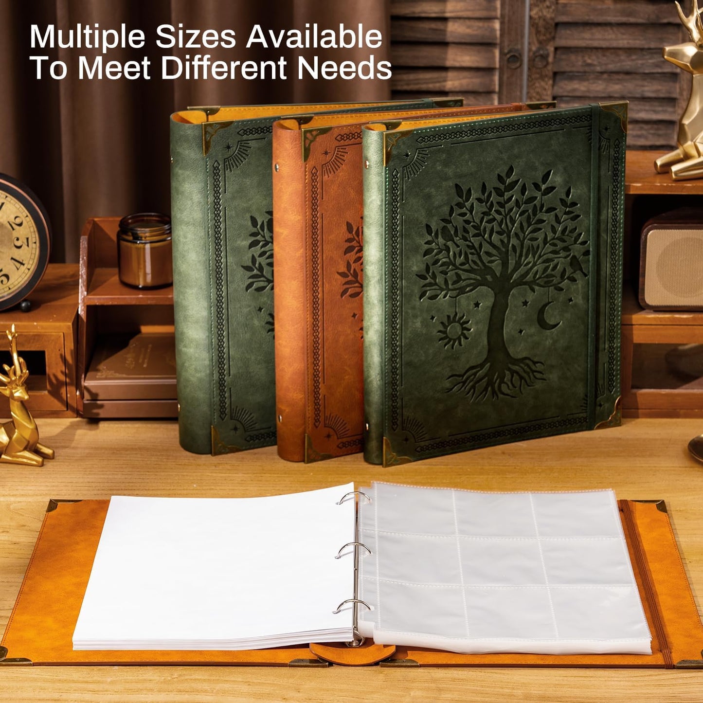 OVESMUSL 4 Pack Leather 3 Ring Binder Fits 8.5"x11" Letter Size Paper, 1.5 Inch Round Ring Binder Holds 350 Sheets, Notepad Paper Cover Loose Leaf Organizer, Green Tree