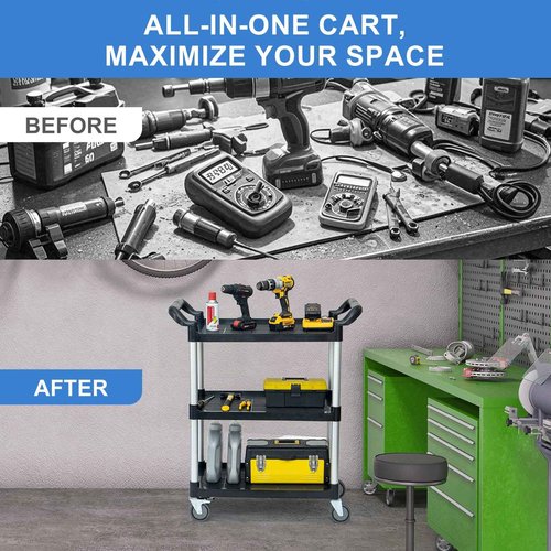 Rolling Utility Carts with Wheels Heavy Duty,3 Tier Rolling Cart with Wheels,510 LBS Food Service Cart with Rubber Mallet and Pad for Restaurant Kitchen Warehouse Office,35.5" x 16.9" x 39.5"(Black)