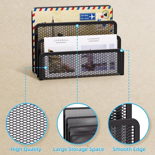 Marbrasse Mail Organizer - 3-Slot Mesh Metal Desk Holder for Documents & Letters | Stylish Office Storage Rack