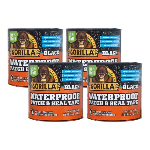 Gorilla Waterproof Patch & Seal Tape, Black Tape, 4" x 10' (Pack of 4) - Permanent Weather Resistant Seal for Leaks and Repairs