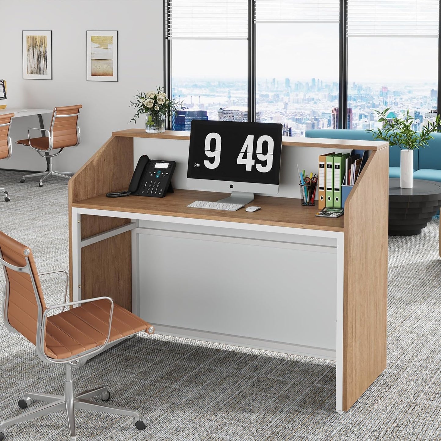 LITTLE TREE 47-Inch Reception Desk with Counter, Oak Front Desk Reception Room Table, Retail Counter for Checkout, Modern Welcome Desk for Lobby, Office, Beauty Salon