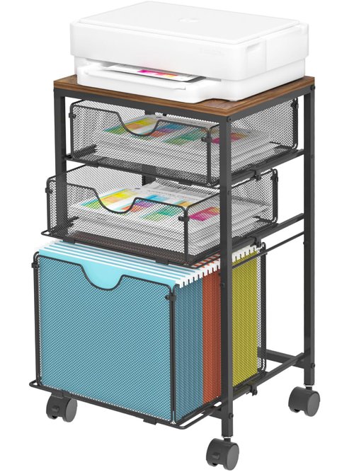 BOHDK Rolling File Cart with 3 Storage Drawers, Wood & Mesh Hanging File Folder Organizer with Wheels Under Desk, File Cabinets for Home Office, 11.81" D x 14.8" W x 25.39" H, Black