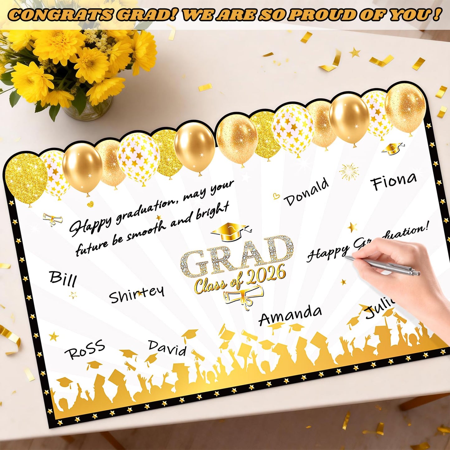 Jumbo Graduation Card Guest Book with Envelope, Class of 2026 Big Folded Congrats Grad Signature Card for Graduation Party Decorations, Large Greeting Card for High School College Graduates Black Gold