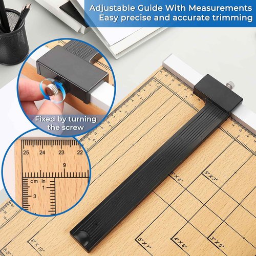 MROCO Heavy Duty Guillotine Paper Cutter & Paper Trimmer, 12" Cut Length, Automatic Clamp, Adjustable Guide, Wood Base with millimeters/inches Gridlines