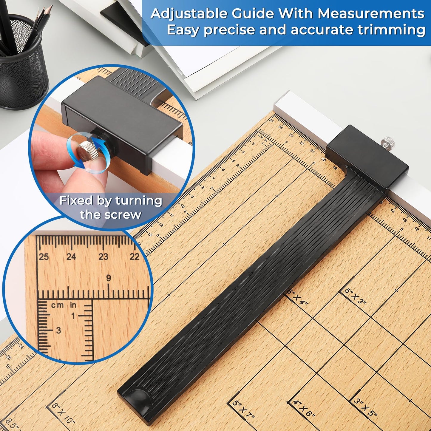 MROCO Heavy Duty Guillotine Paper Cutter & Paper Trimmer, 12" Cut Length, Automatic Clamp, Adjustable Guide, Wood Base with millimeters/inches Gridlines
