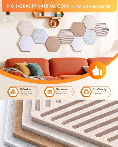 Hexagon Cork Boards - 10 Pack Bulletin Board Tiles with 50 Pins | Minimalist Wall Decor for Home & Office