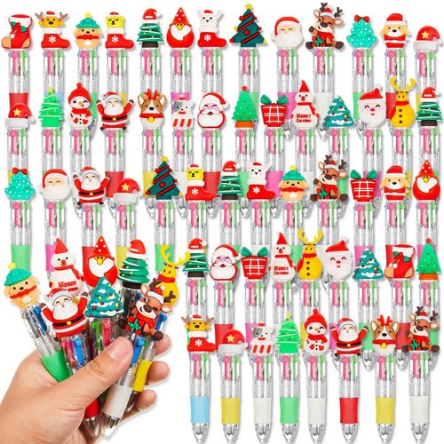 Kosiz 150 Pcs Christmas Fun Pen Bulk Mini Multicolor 4 in 1 Ballpoint Cute Retractable Pens for Winter Holiday Birthdays Parties Prizes Office Writing Supplies Goodie Bag Stuffers