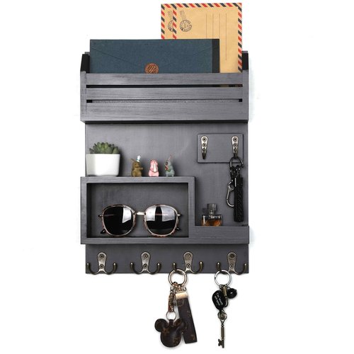 Bangshou Key Holder for Wall, Mail and Key Holder, Key and Mail Holder for Wall with 6 Key Hooks, Key Holder for Home and Office Decor, Black