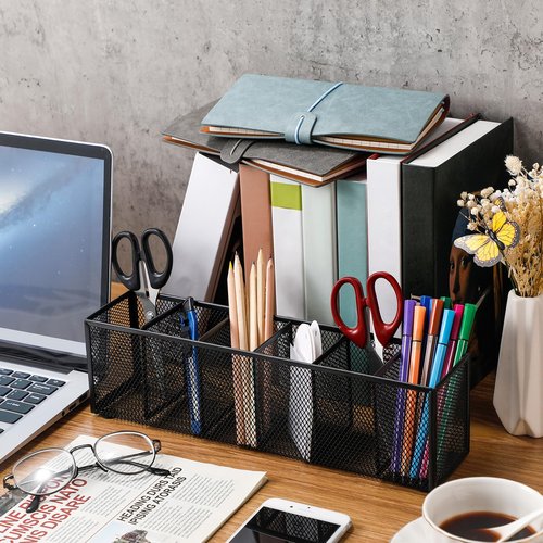 Teling 2 Pcs Mesh Desk Organizer Metal Mesh Pen Holder 6 Compartments Desktop Stationery Pencil Caddy Organizer Basket(Black)