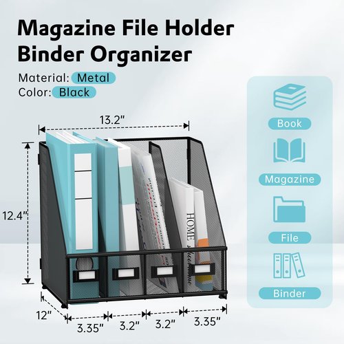 SUPEASY Magazine File Holder, Binder Holder Metal Desk Organizer with 4 Rack Compartments, File Organizer for Office Home School, Black Plus