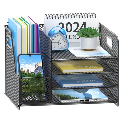 VEESUN 4-Tier Mesh Desk Organizer with File Holder – Office Supplies Organizer for Workspace Accessories, Black
