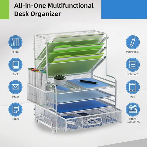 MINDEPOT 4-Tier Paper Organizer - Desktop File Holder with Drawer & Pen Holders | Silver Finish for Office & Classroom
