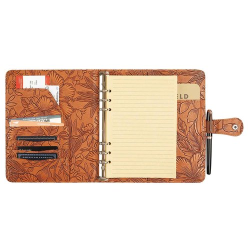 Patterned Leather Portfolio Binder 6 Ring, A5 Planner Portfolio for Women, Work Organizer Padfolio for Men, Brown
