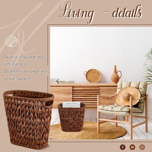 Hushee 2 Pack Wicker Waste Basket, Wicker Trash Can for Bathroom, Rattan Trash Can, Woven Bin for Office, Hyacinth Waste Basket for Home Kitchen(Plastic Water Hyacinth,Brown)
