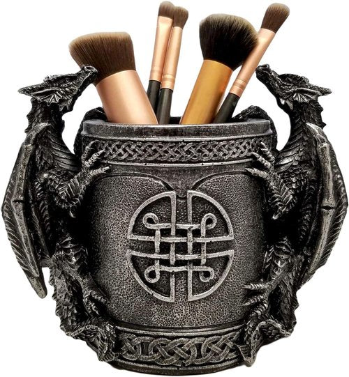 Ebros Medieval Fantasy Celtic Twin Climbing Dragons Of Bibliography Stationery Holder Statue Gothic Dragon Themed Organizer Office Desktop Pen Pencil Make Up Brush Vanity Holder Figurine 6.5" Wide