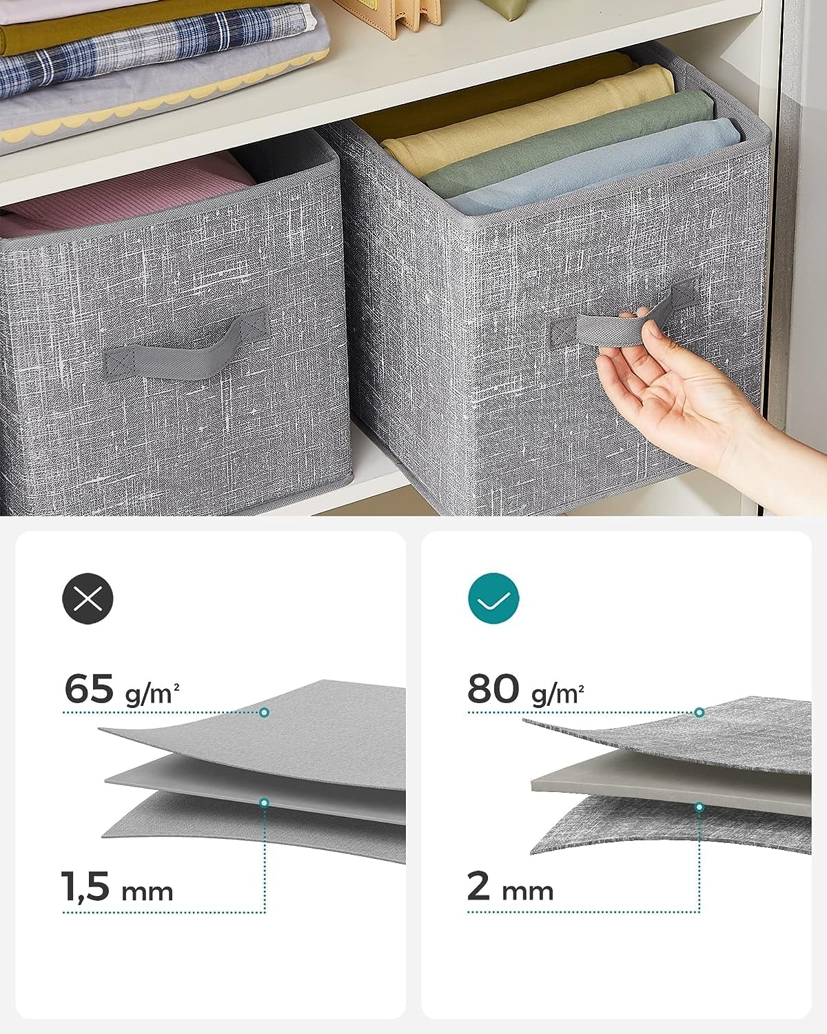 SONGMICS Storage Cubes - 11-Inch Non-Woven Fabric Bins with Double Handles - Set of 6 in Cattail Gray for Closet Organization