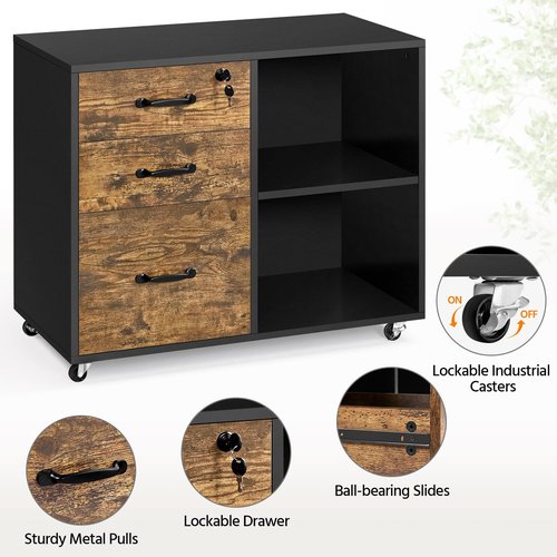 Yaheetech Lateral File Cabinet with Lock for Letter, A4 Size, 3 Drawer Printer Stand with Open Storage Compartments, Mobile Filing Cabinet for Home Office, Black/Rustic Brown