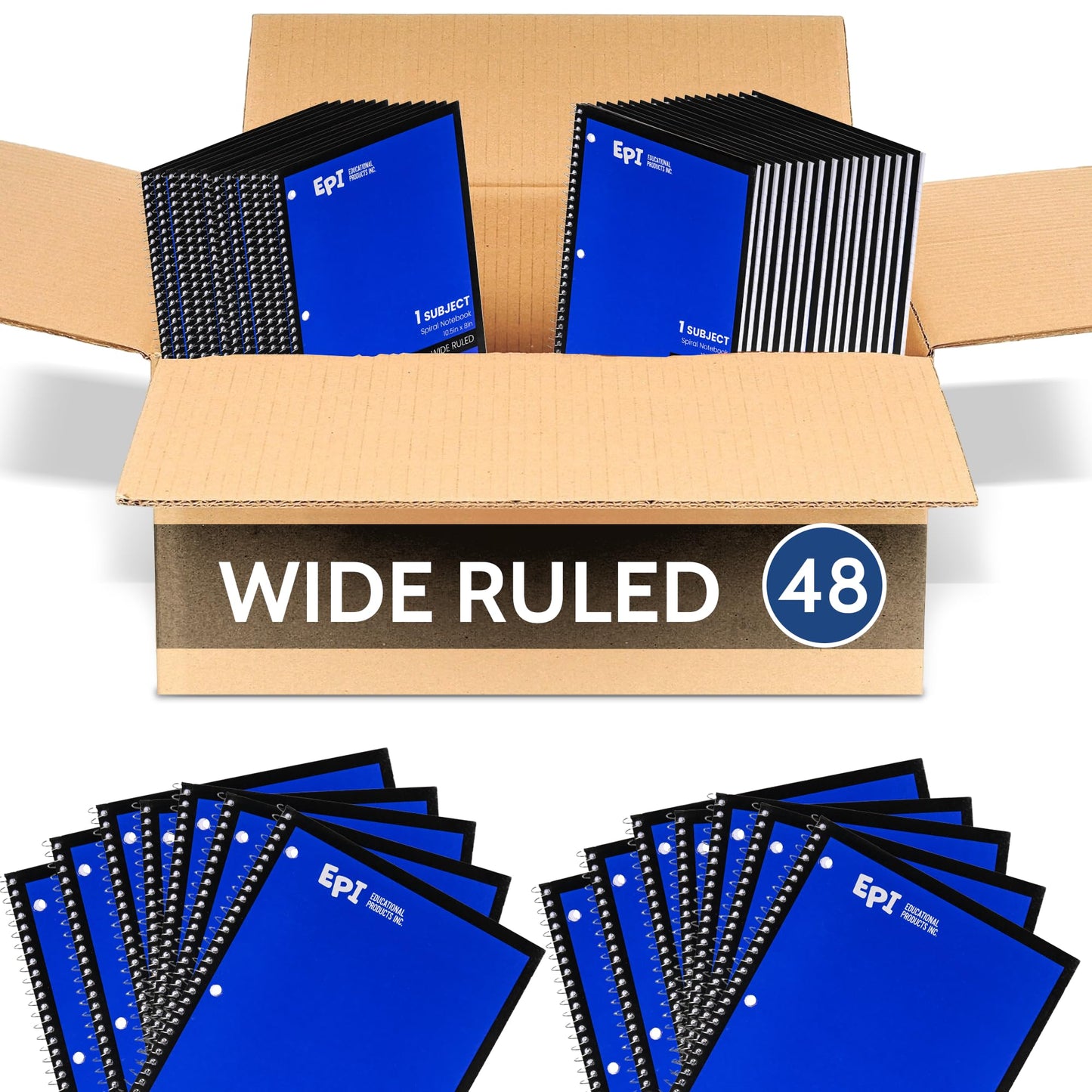 EPI Spiral Notebook | Wide - 70 Sheets, Durable Spiral Binding | 10.5 x 8 in | Classroom Supplies | School, Office, Note Taking, Journaling - 48 Pack