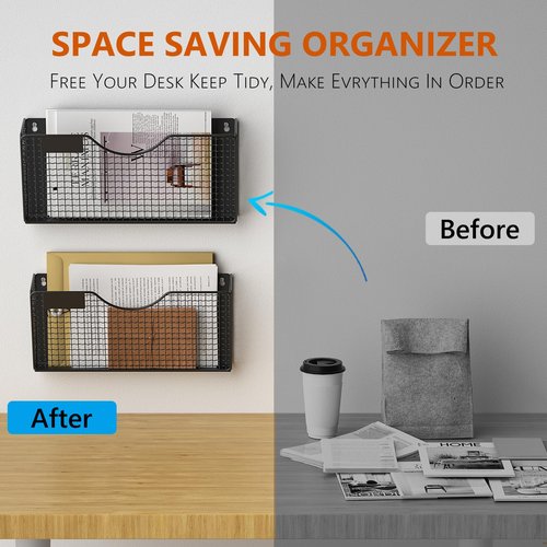 MFTEK Magnetic File Holder, 2 Pockets Magnetic File Folder Holder No Drilling Magnet Paper Mail Organizer Magazine Basket, Hanging Wall Storage Rack for Fridge Cabinets Office Classroom